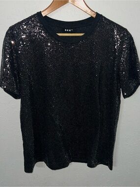 DKNY Short Sleeve Sequin Top Dark Gray Size Large.